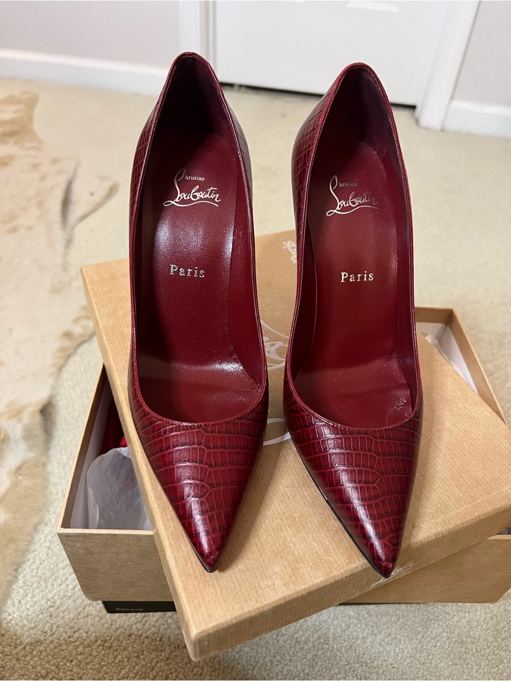 Christian Louboutin Deep Burgundy Croc-Embossed Pointed Pumps